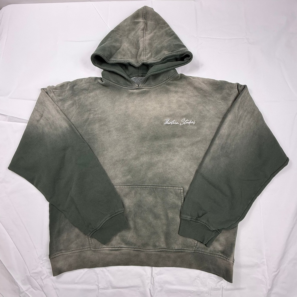 Thirteen Studios Sun Faded Hoodie Green Grey Boxy Fit XXL Made in USA